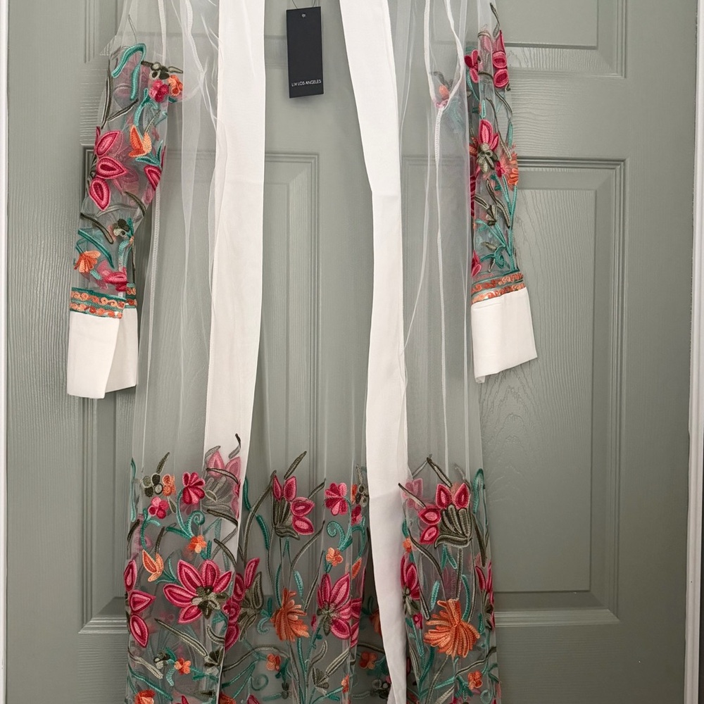 Sheer Embroidered Floral Duster — White with Pink & Orange Flowers